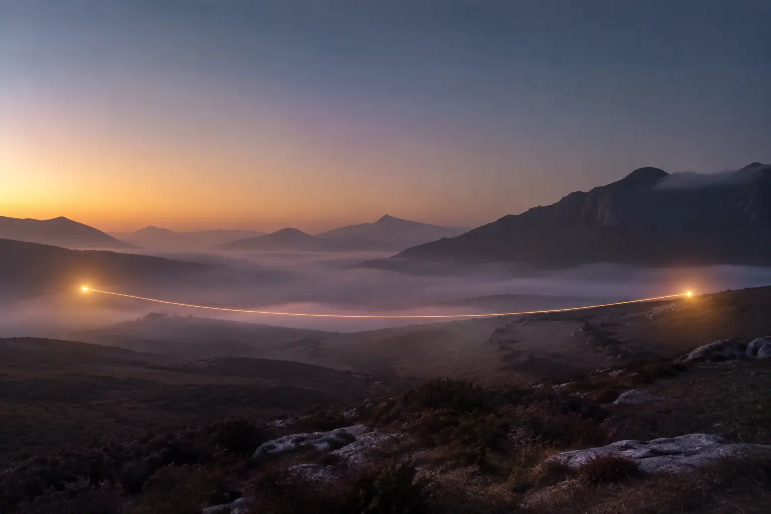 Deux points de lumière séparés dans un paysage calme, reliés par un fil doré symbolique